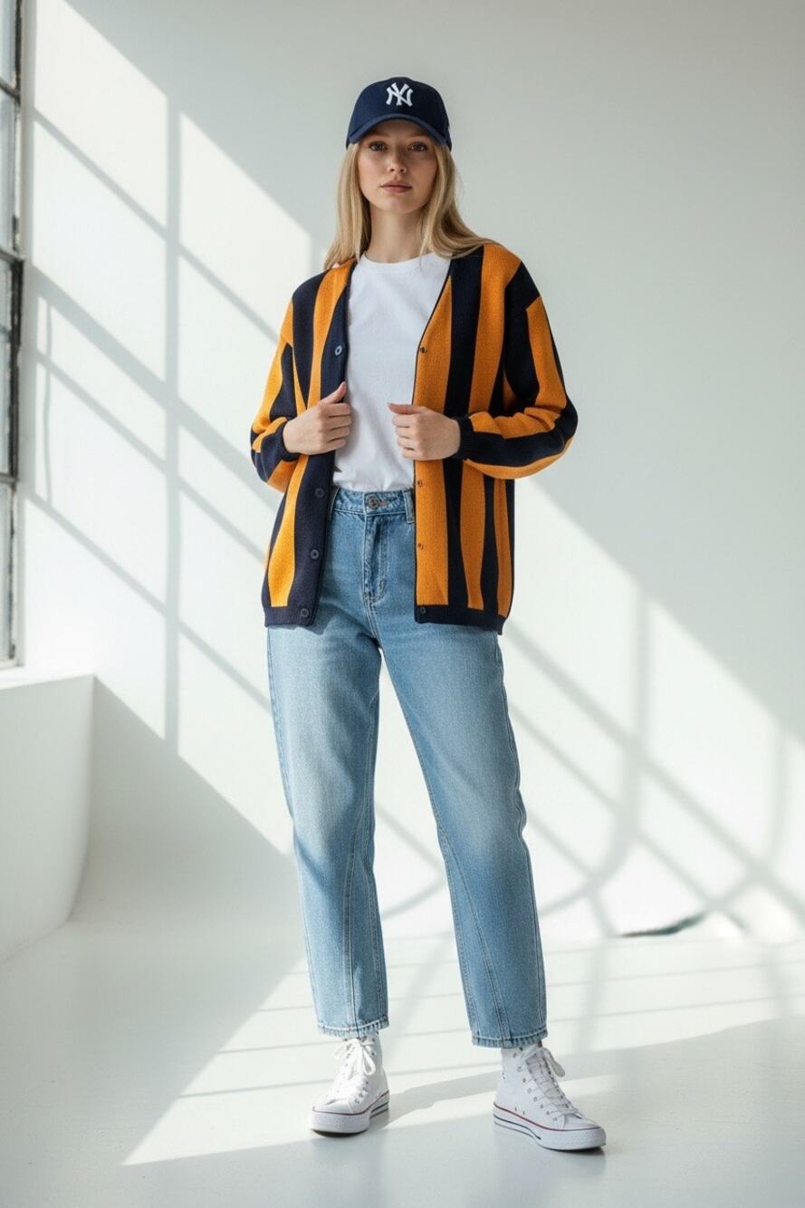 Vintage MEXX Europe 90s Navy Mustard Striped Cotton Cardigan S